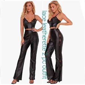 Black Lace Trim Leatherette Pants